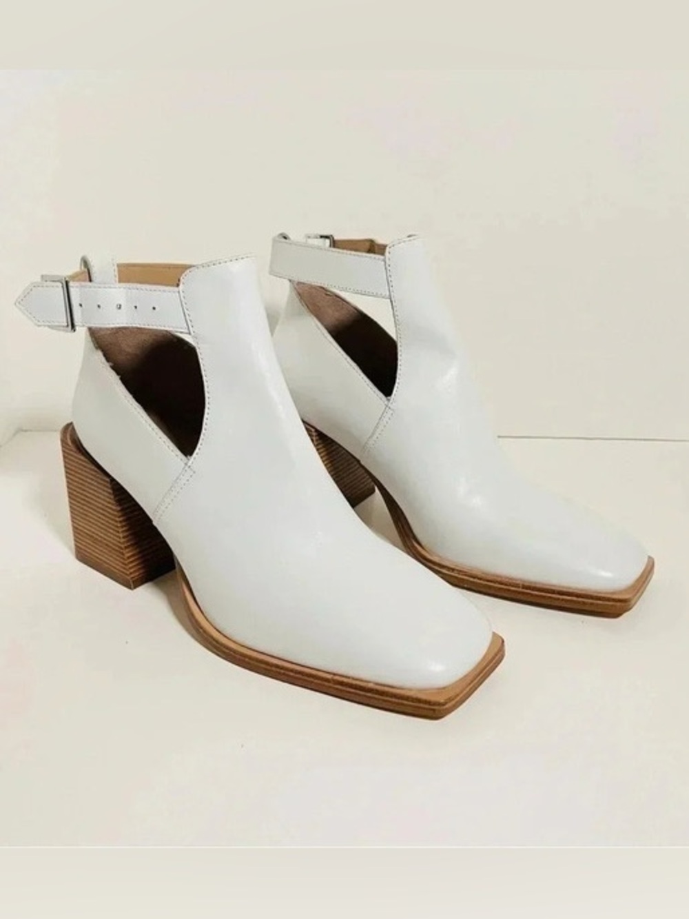 Free People Brady Buckle White Leather Cutout Block Heel Ankle Shoe Boot NEW